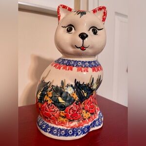POLISH POTTERY LARGE CAT FIGURINE STATUE